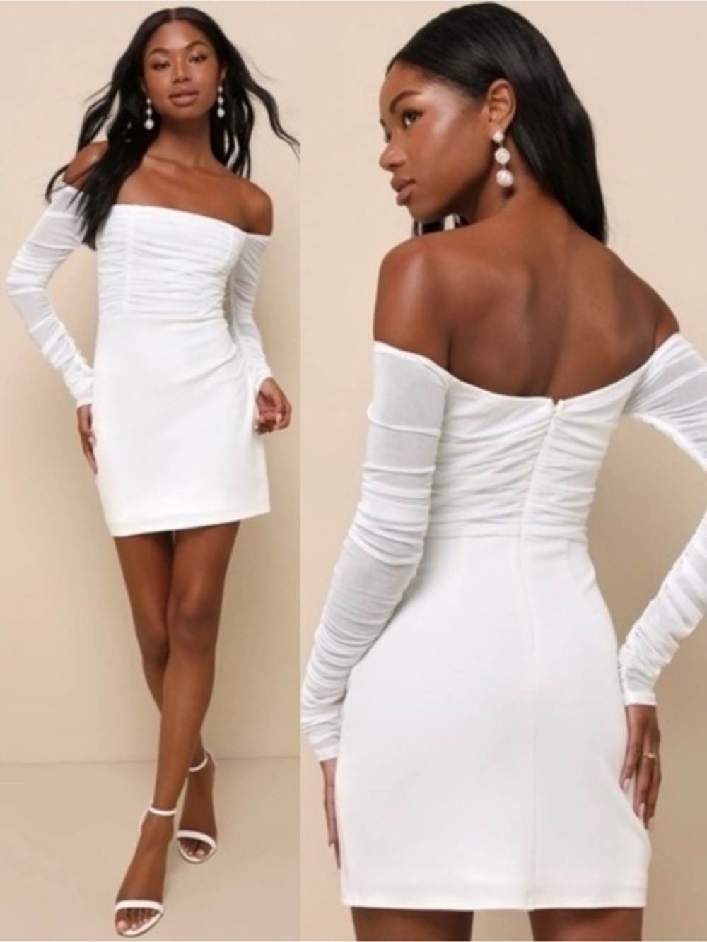 NWT Lulu’s Elegant Eternity White Mesh Ruched Off-the-Shoulder Mini Dress Medium